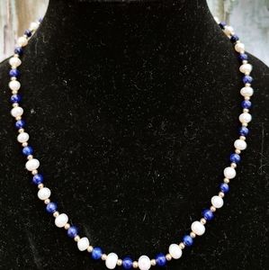 𝅺genuine Pearl, Lapis, Gold bead Necklace 18"